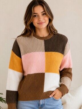 Brixton Colorblock Chunky Knit Sweater Crewneck Long Sleeve L Multicolored
